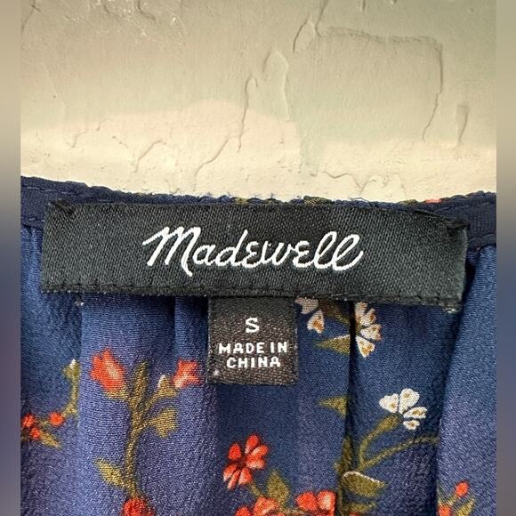 MADEWELL | 100% Silk Blue Stanza Floral Ruffle Peplum Blouse | Size Small - Picture 7 of 8
